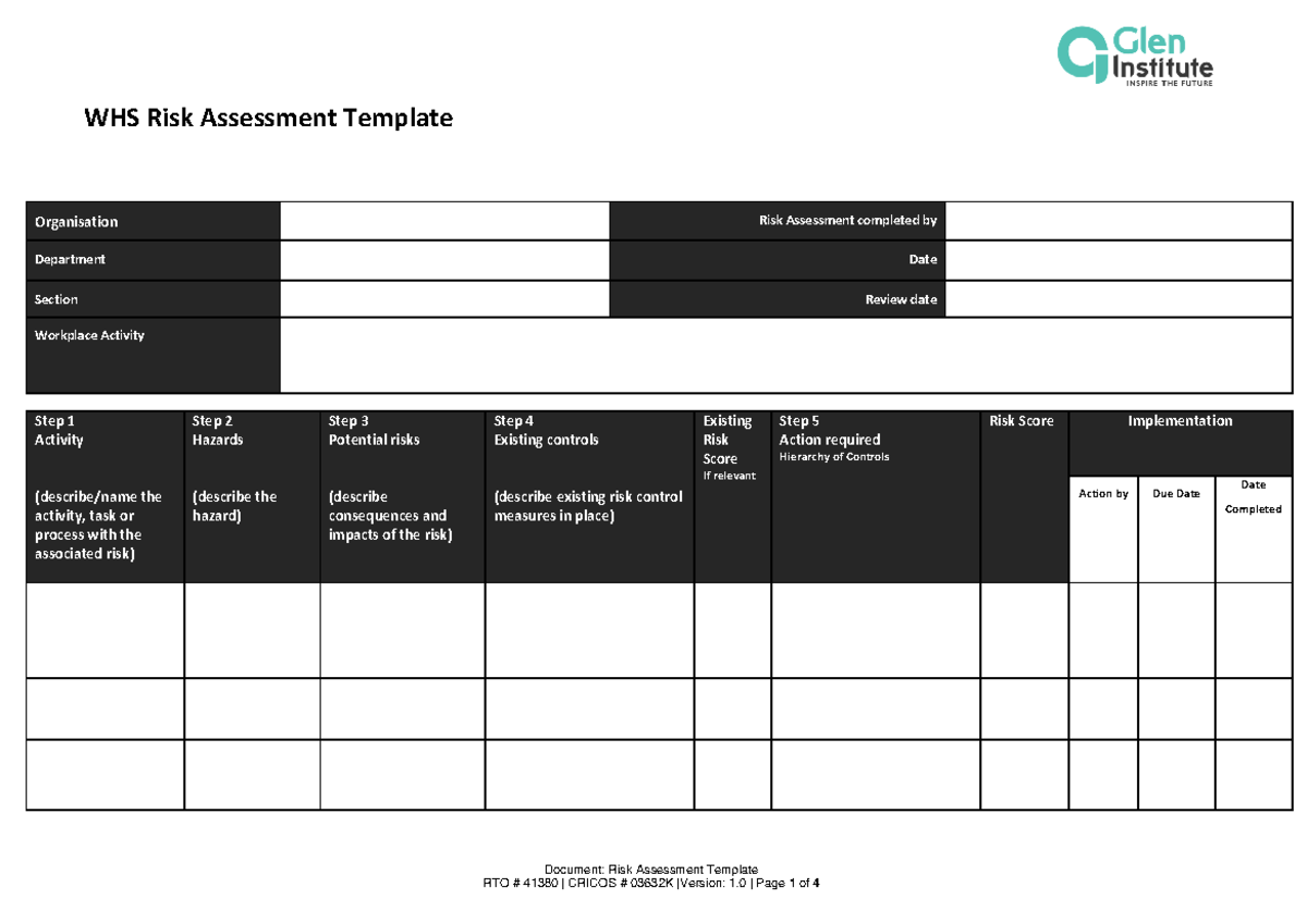Risk Assessment Template small cut, first aid treatment only 1
