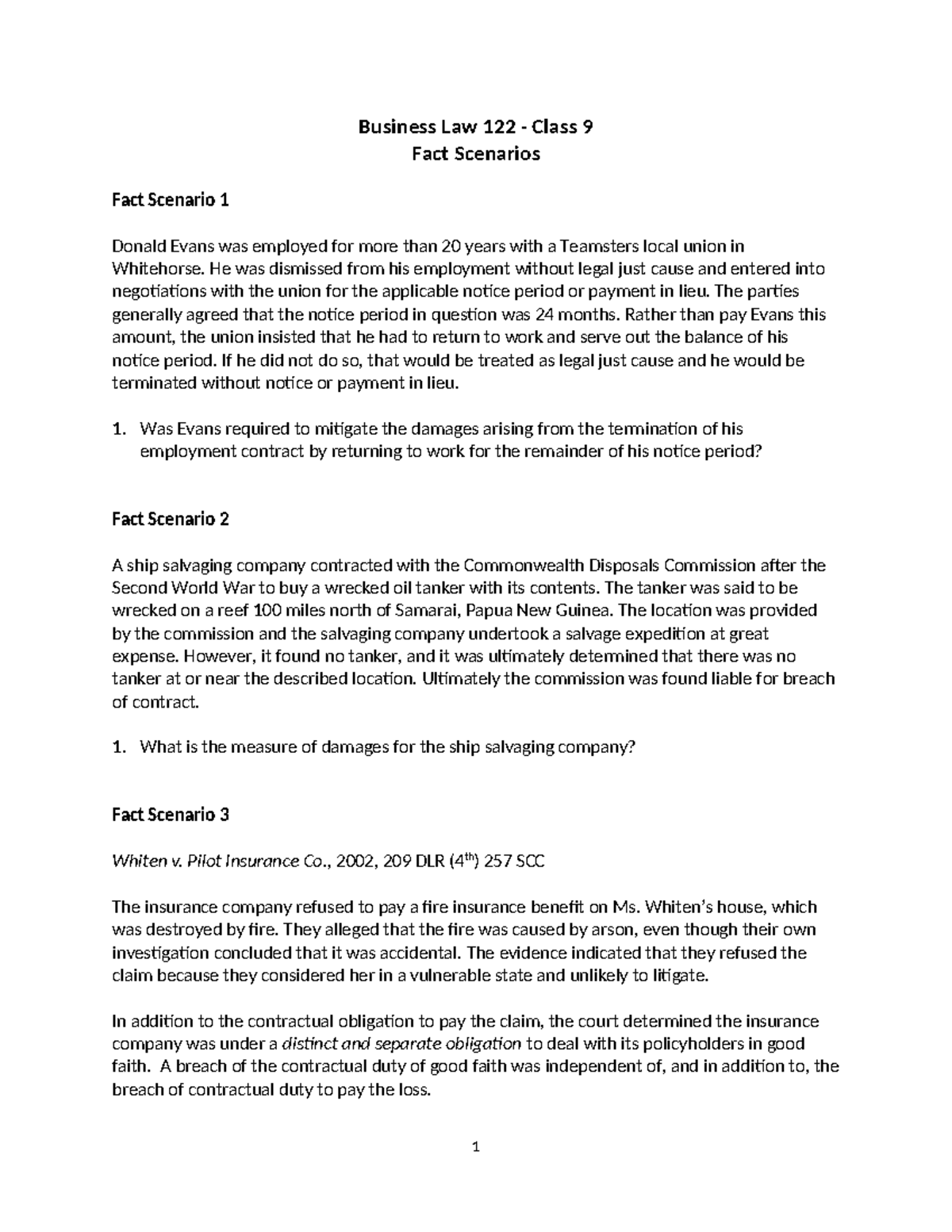 Business law 122 class 9 fact scenarios fall 2023 - Business Law 122 ...