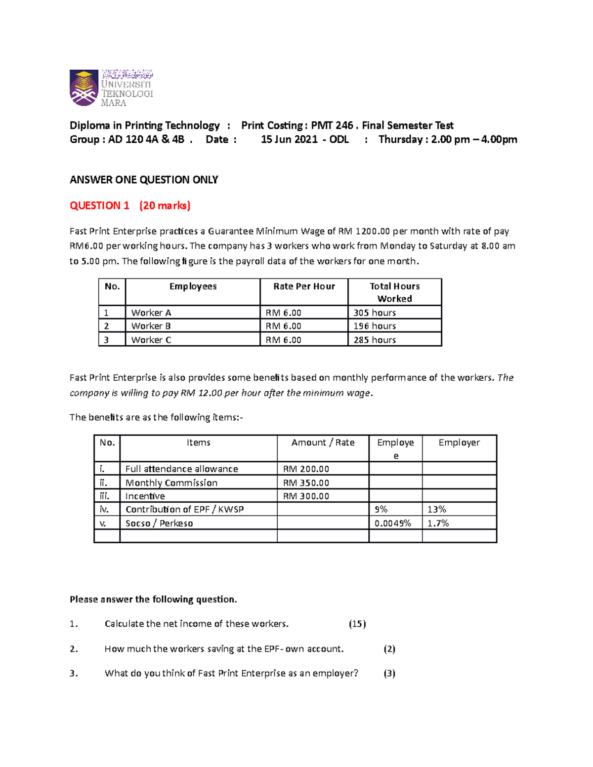 Last year test for 2021 - Diploma in Printing Technology : Print ...