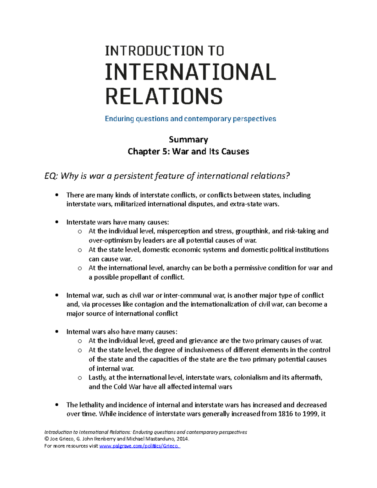 Chapter 5 summary - Ikenberry - Summary Chapter 5: War and Its Causes ...