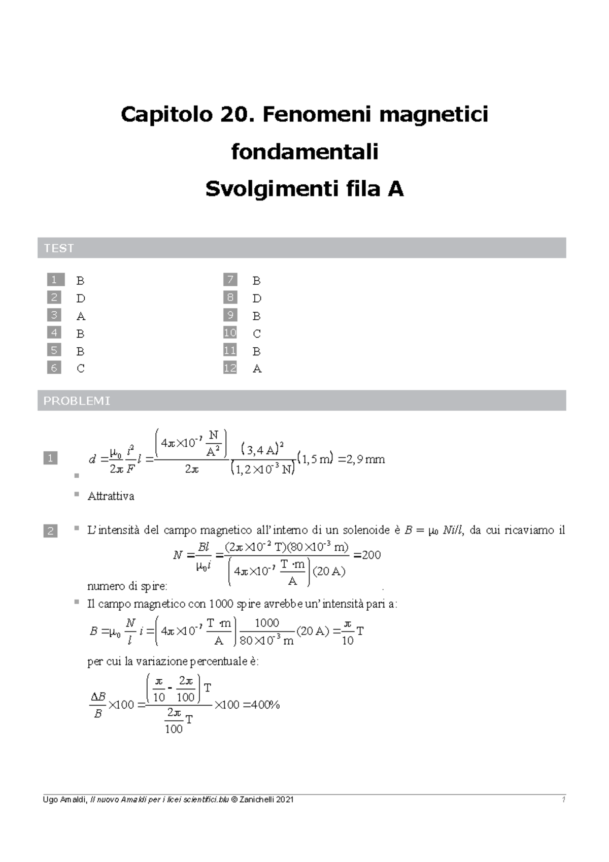 Cp. 20 Soluzioni A - Verifiche Amaldi - Capitolo 20. Fenomeni Magnetici ...