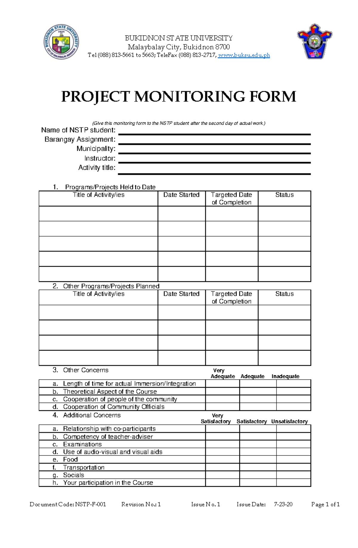 Project-Monitoring-Form - BUKIDNON STATE UNIVERSITY Malaybalay City ...