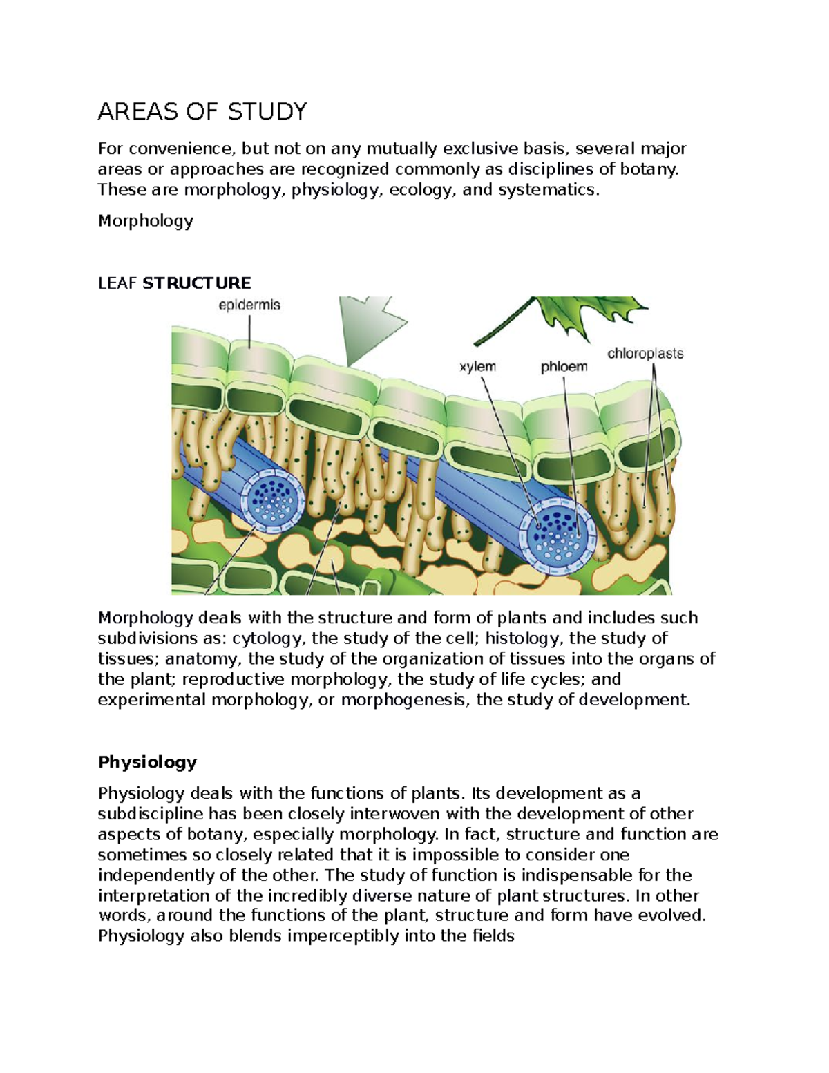 Botany Areas TO Study - AREAS OF STUDY For convenience, but not on any ...