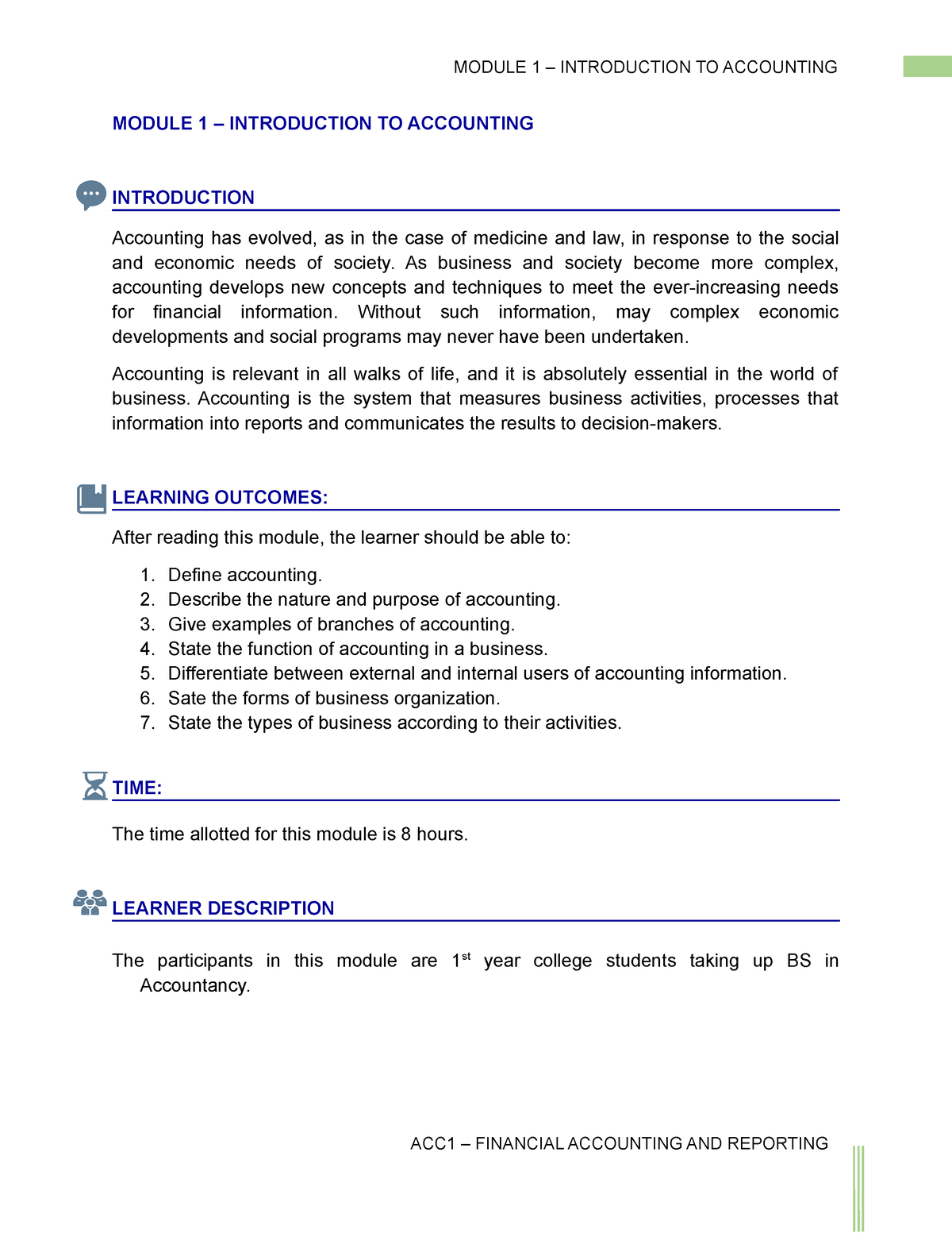 Module 1 Introduction To Accounting - MODULE 1 – INTRODUCTION TO ...