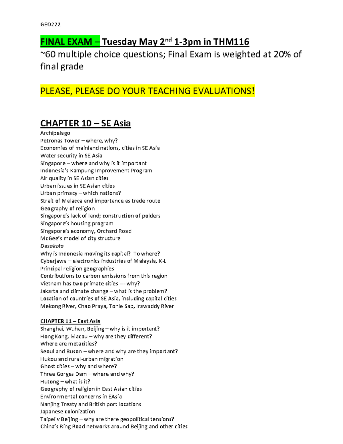 Studyguidefinal Exam SP 23 GEO FINAL EXAM Tuesday May 2 nd 1 3pm