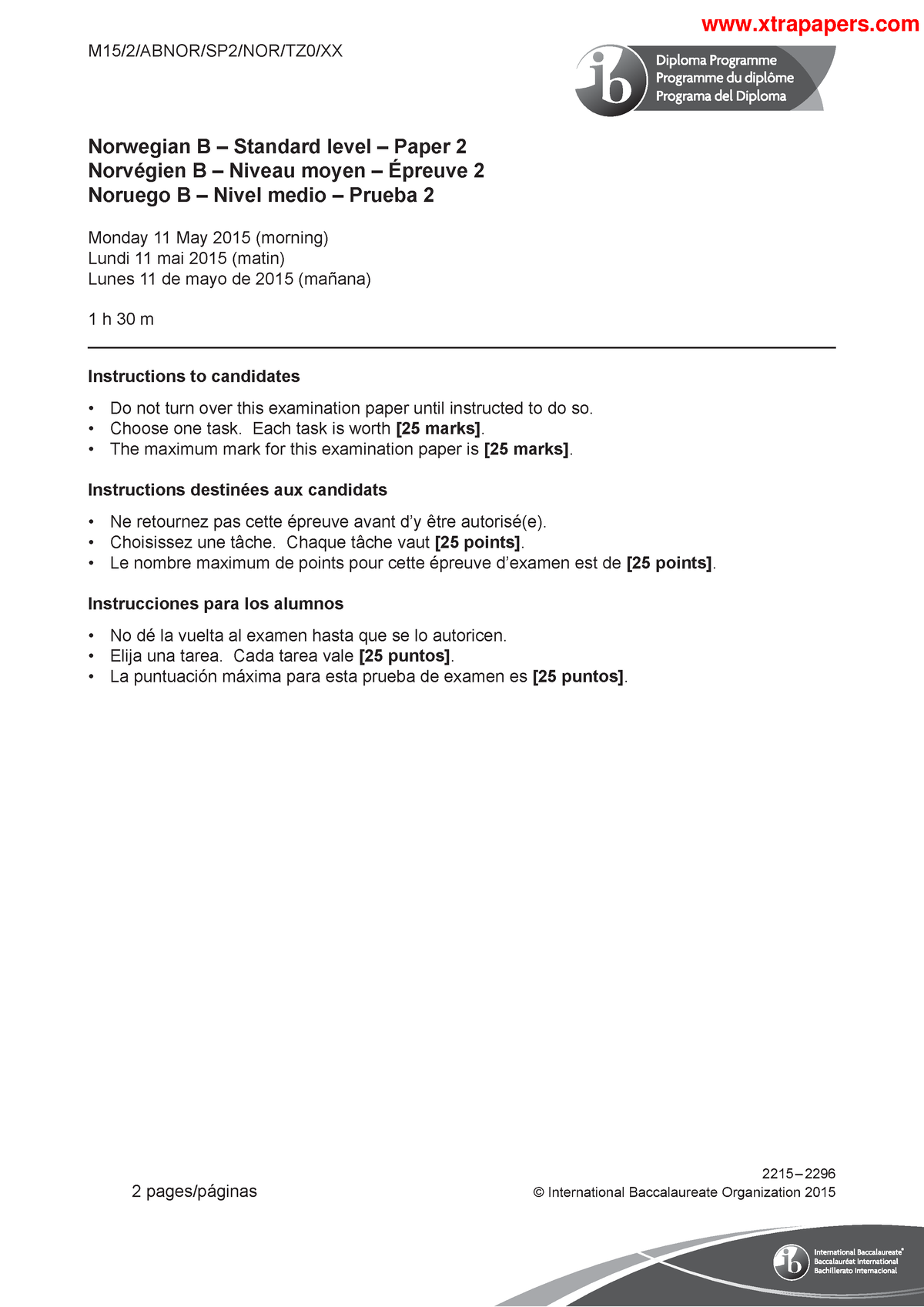 Norwegian B Paper 2 Standard Level For Ib Students - M15/2/ABNOR/SP2 ...