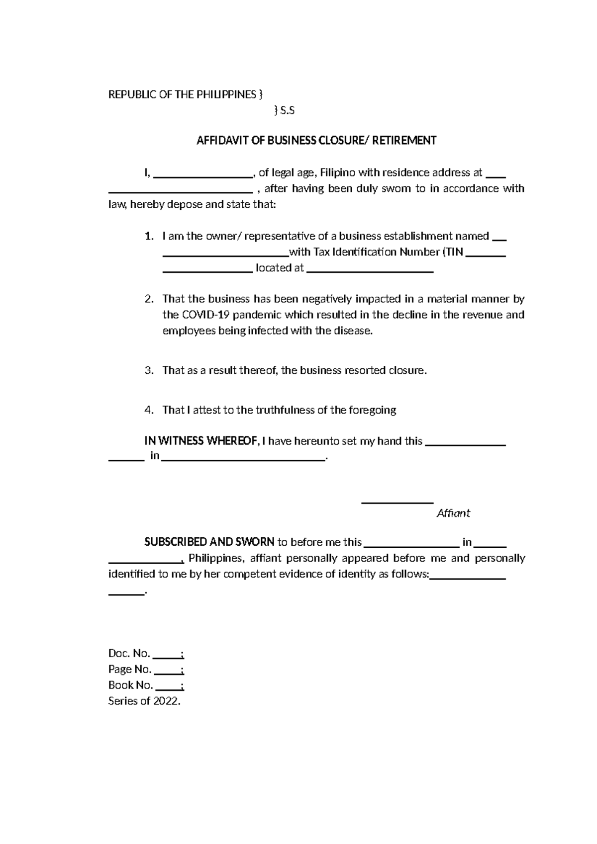 Affidavit of Business Closure - REPUBLIC OF THE PHILIPPINES } } S ...