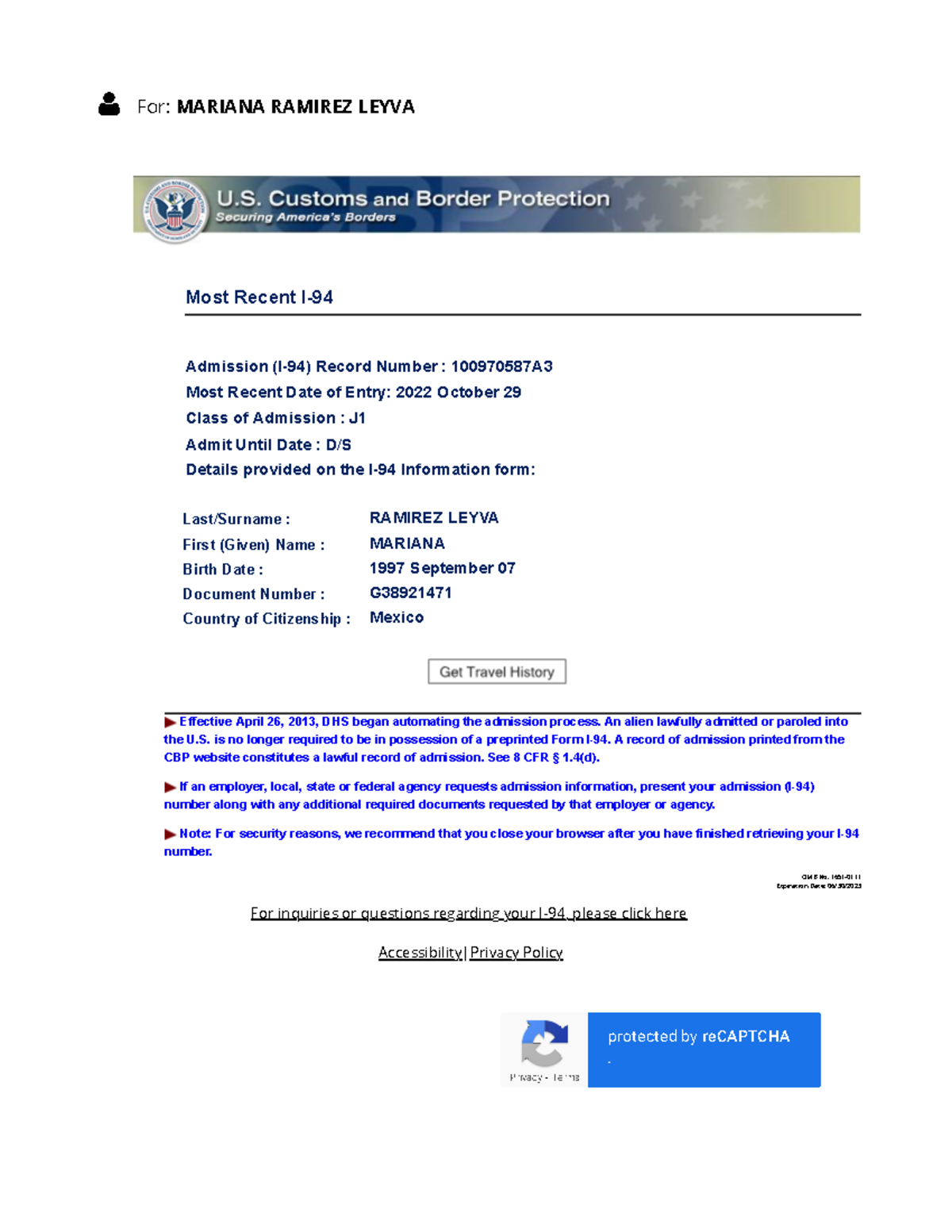 I94 - Official Website - PRACTICAS - Last/Surname : RAMIREZ LEYVA First ...