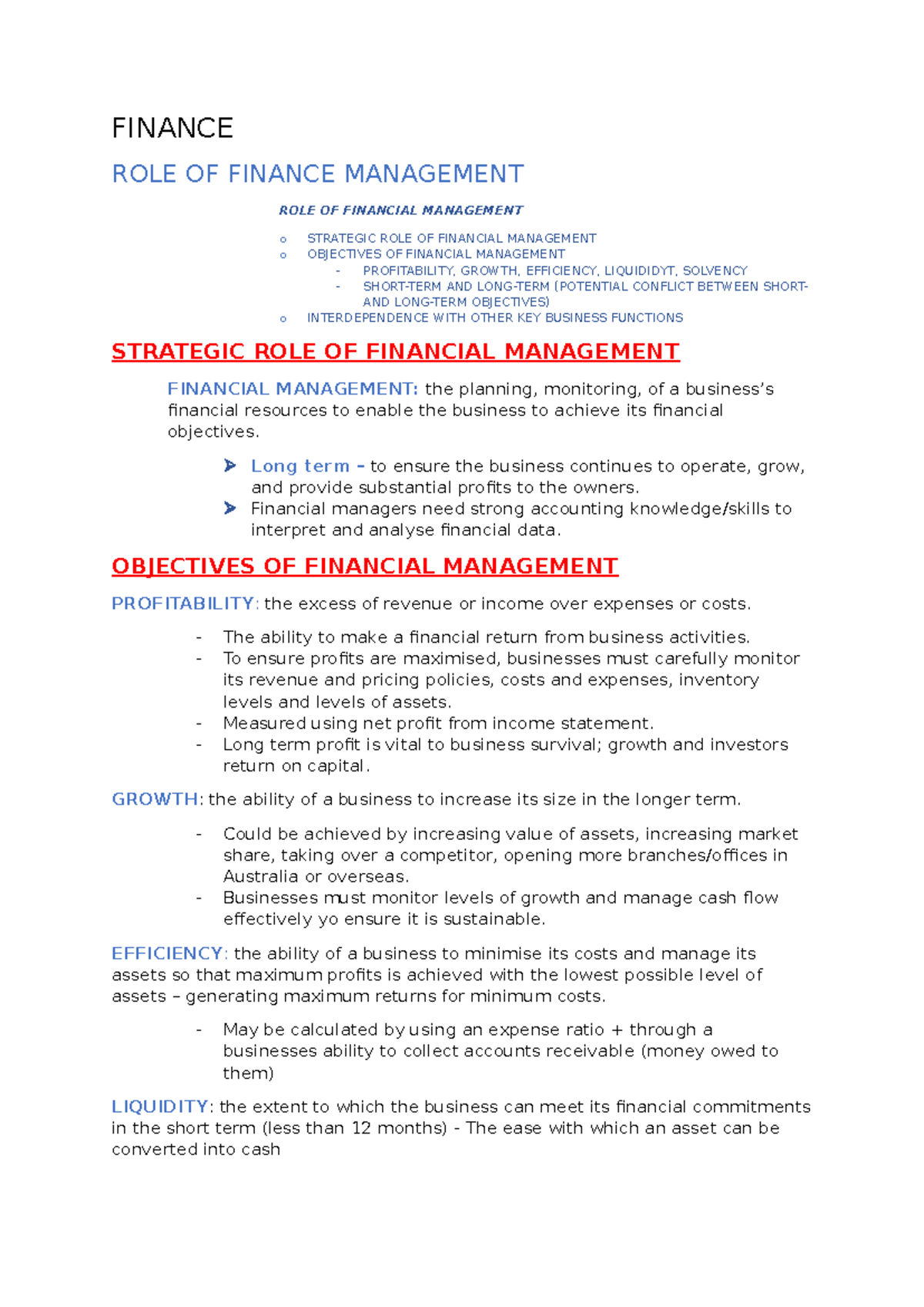 HSC Finance notes - FINANCE ROLE OF FINANCE MANAGEMENT ROLE OF ...