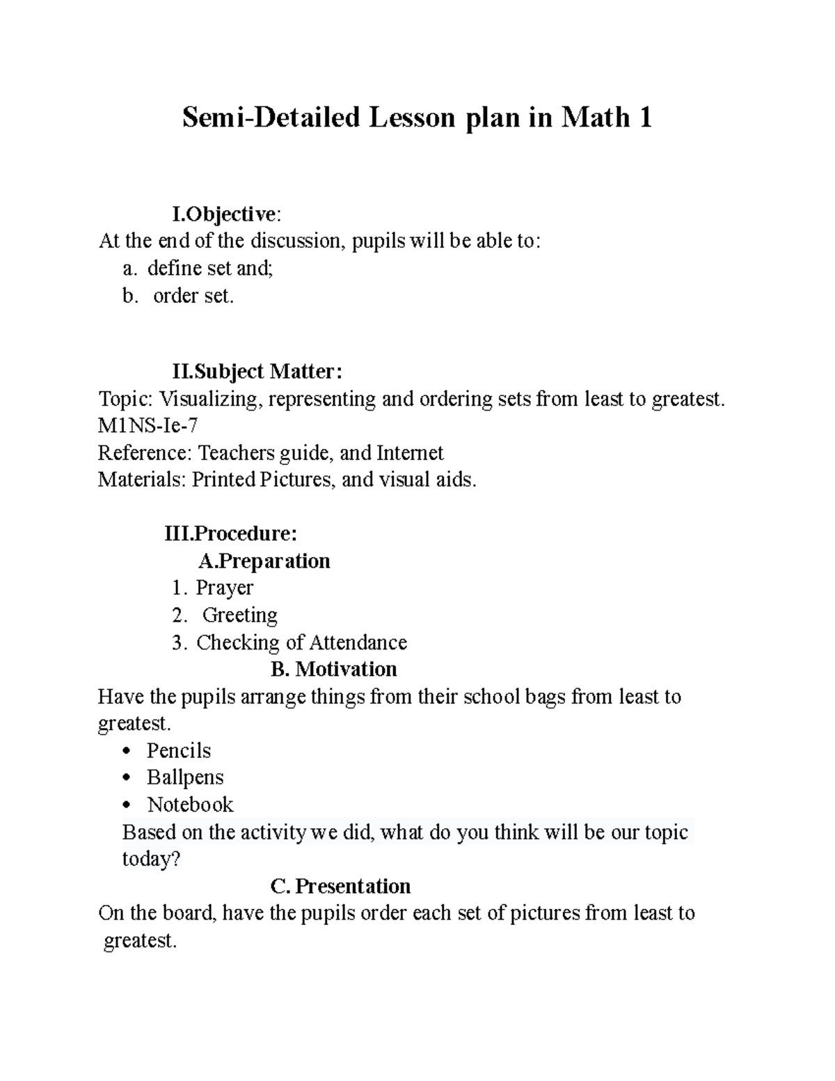 Document 4 Lesson Plan Semi Detailed Lesson Plan In Math 1 I At