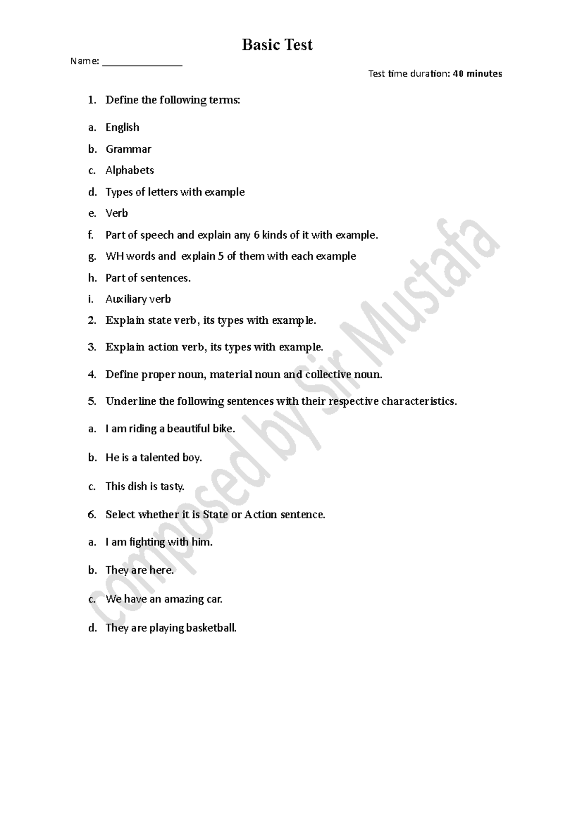 Basic test for grammar 2020 - Basic Test Name: _______________ Test ...