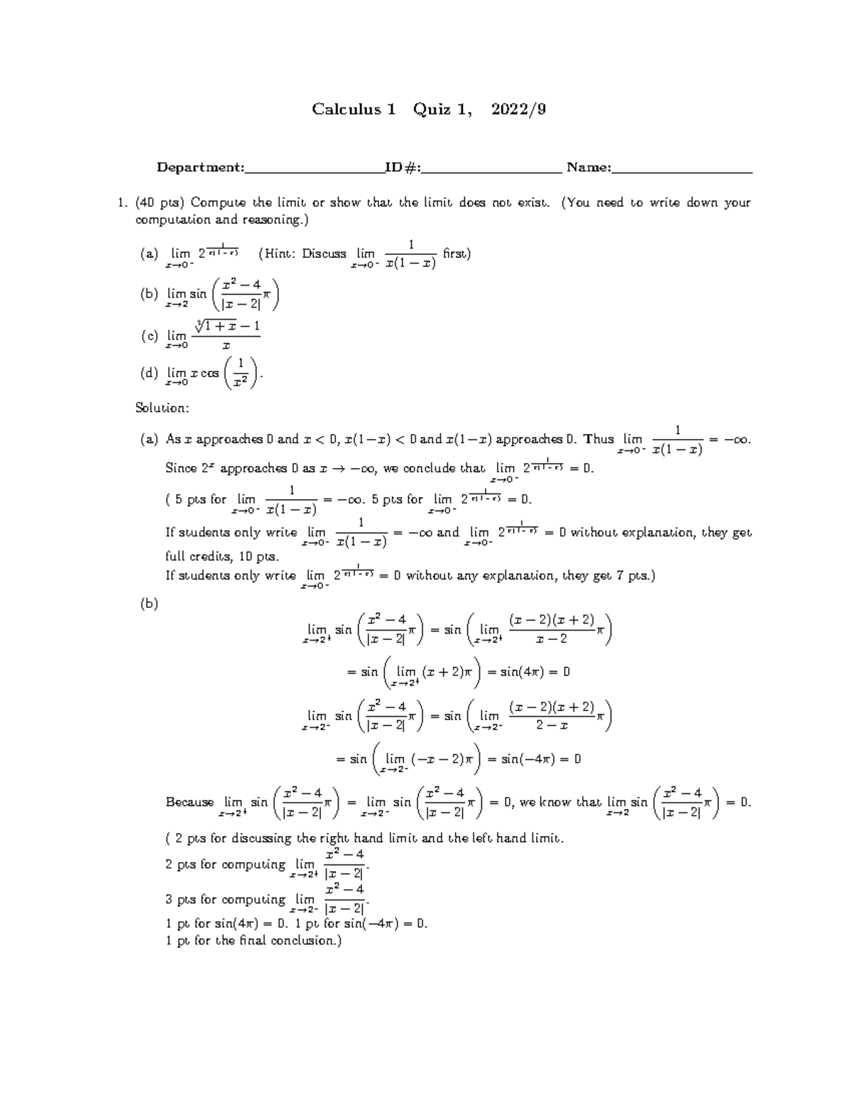 111 Calculus 1 Quiz 1 For M13 16 Solution - Calculus 1 Quiz 1, 2022 ...