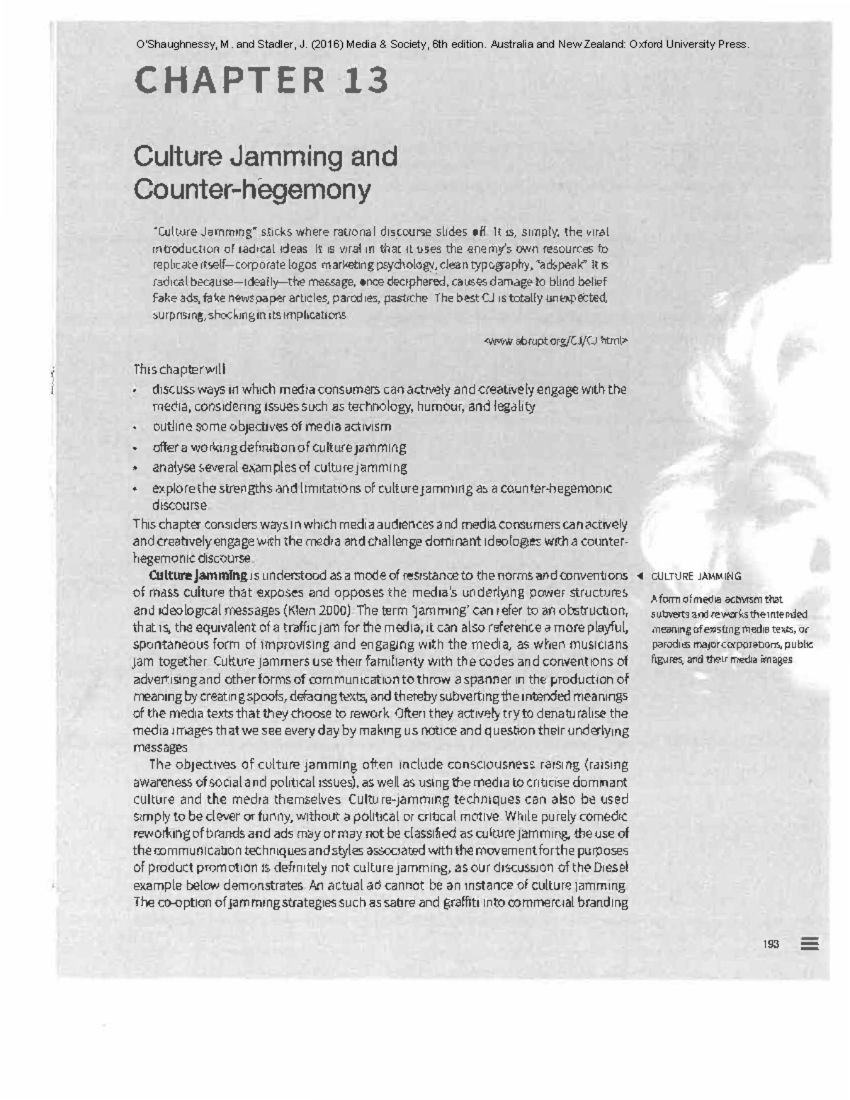 O'Shaughnessy 13 review SMAD 301 Flamiano CHAPTER 13 Culture Jamming and Counterhegemony