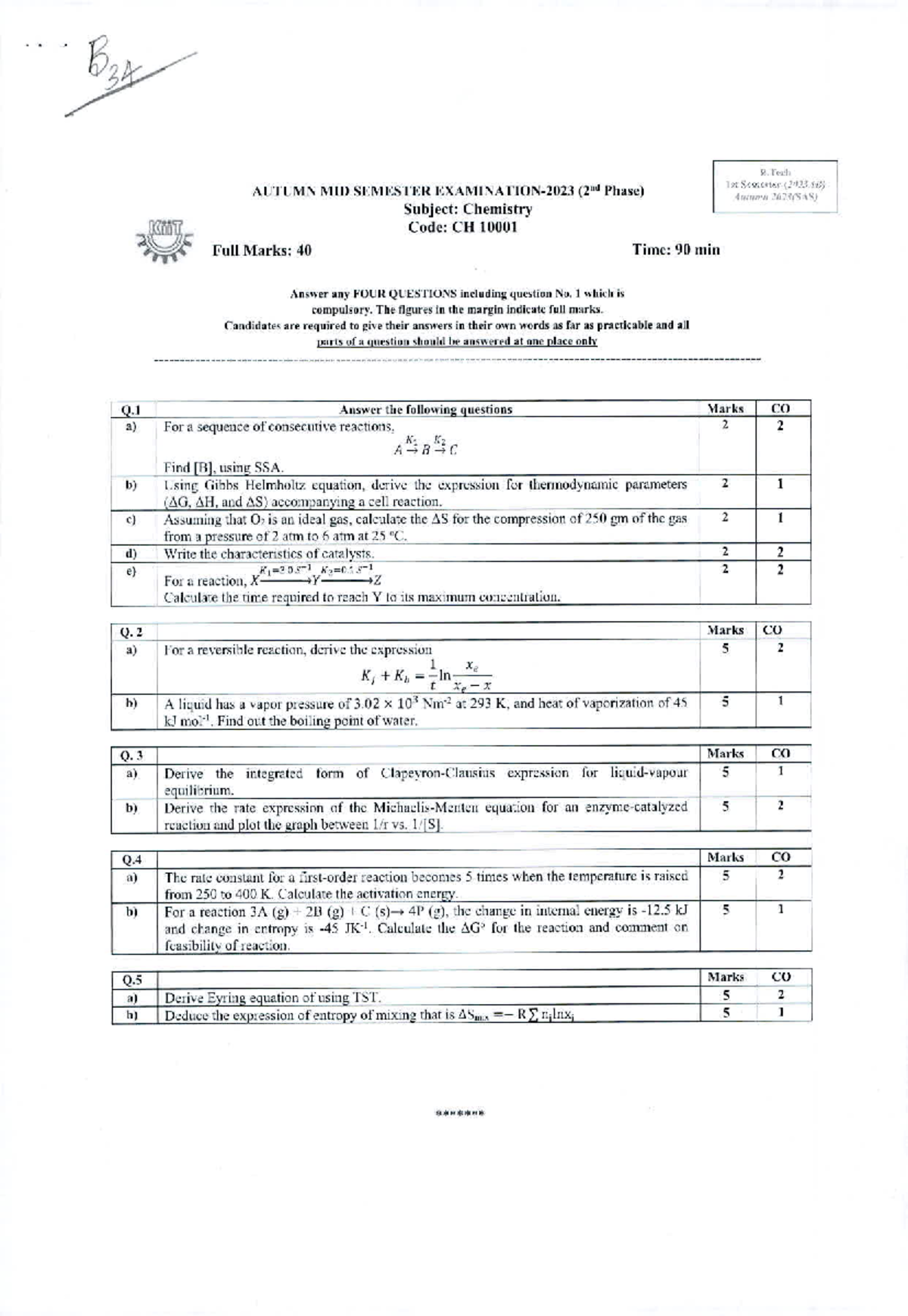 Chemistry (CH10001) - sss - B. Tech AUTUMN MID SEMESTER (2nd Phase) 1st ...