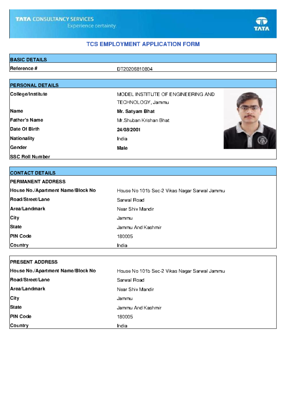 DT20206810804 Application - TCS EMPLOYMENT APPLICATION FORM BASIC ...