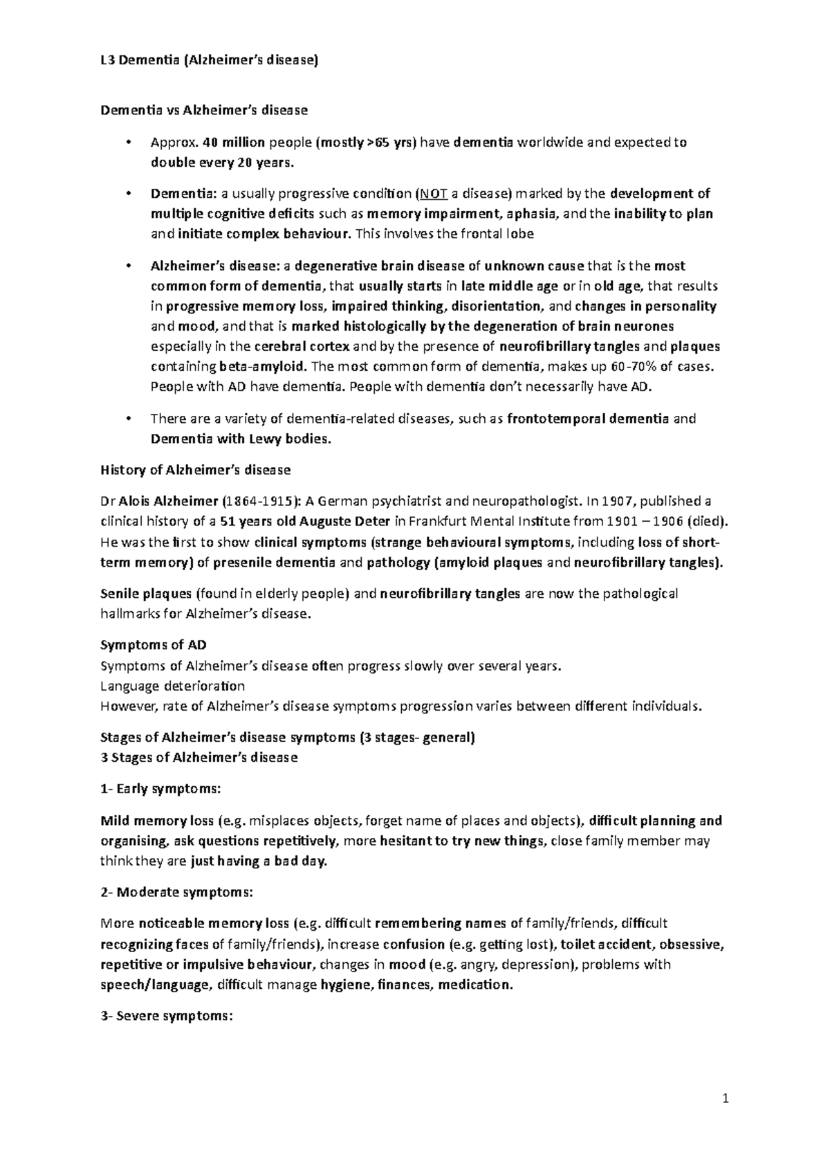 L3 Introduction to Alzheimer's disease - Lecture notes 3 - Dementia vs ...
