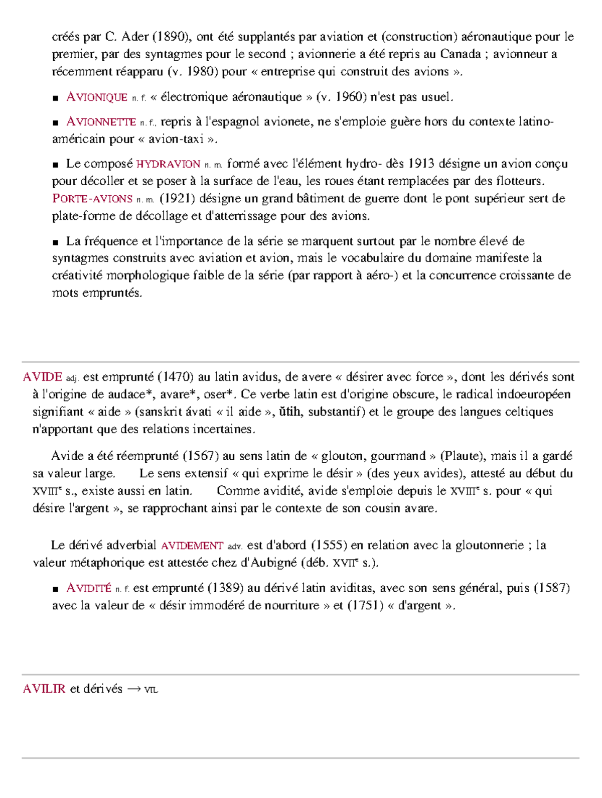 Le lexique de la lettre A 668 créés par C Ader 1890 ont été supplantés par aviation et