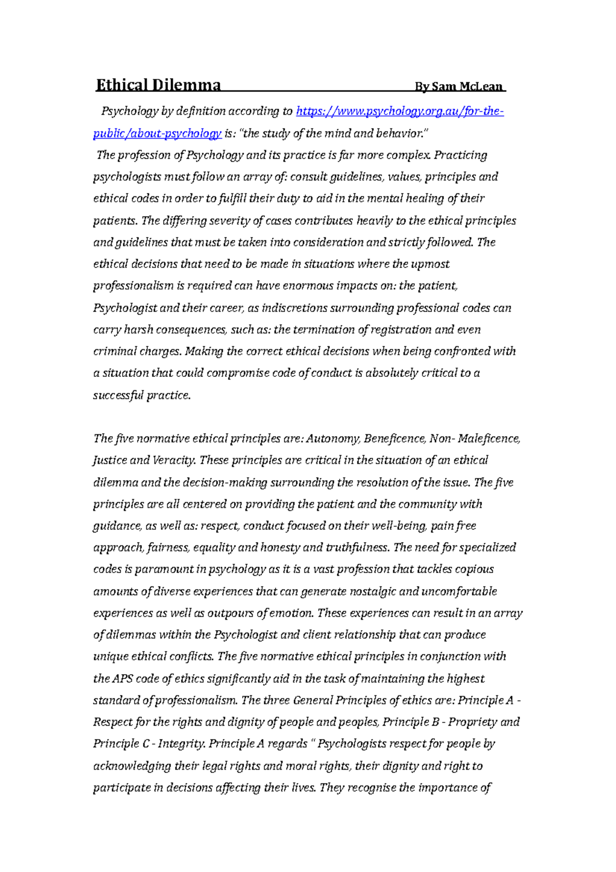 Choice Notes Ethical Dilemma By Sam McLean Psychology by