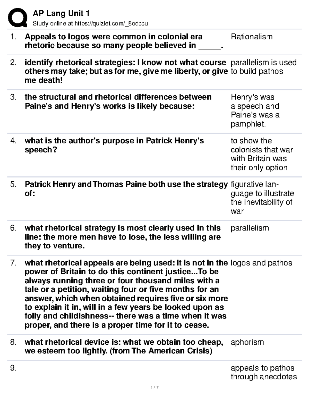 Unit 1 Terms review Study online at quizlet/_8odccu Appeals to logos