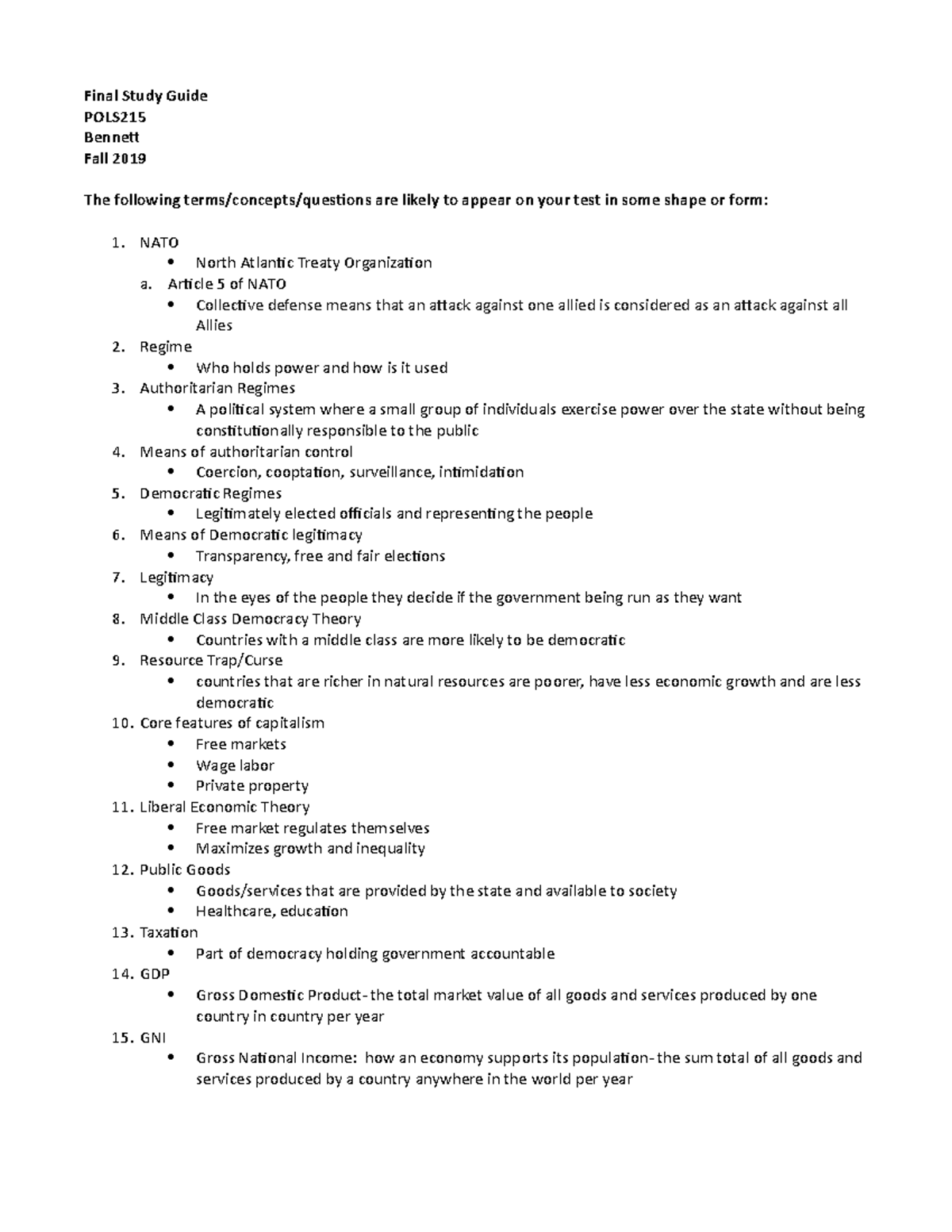 Final Study Guide Fall 2019 - Final Study Guide POLS Bennett Fall 2019 ...