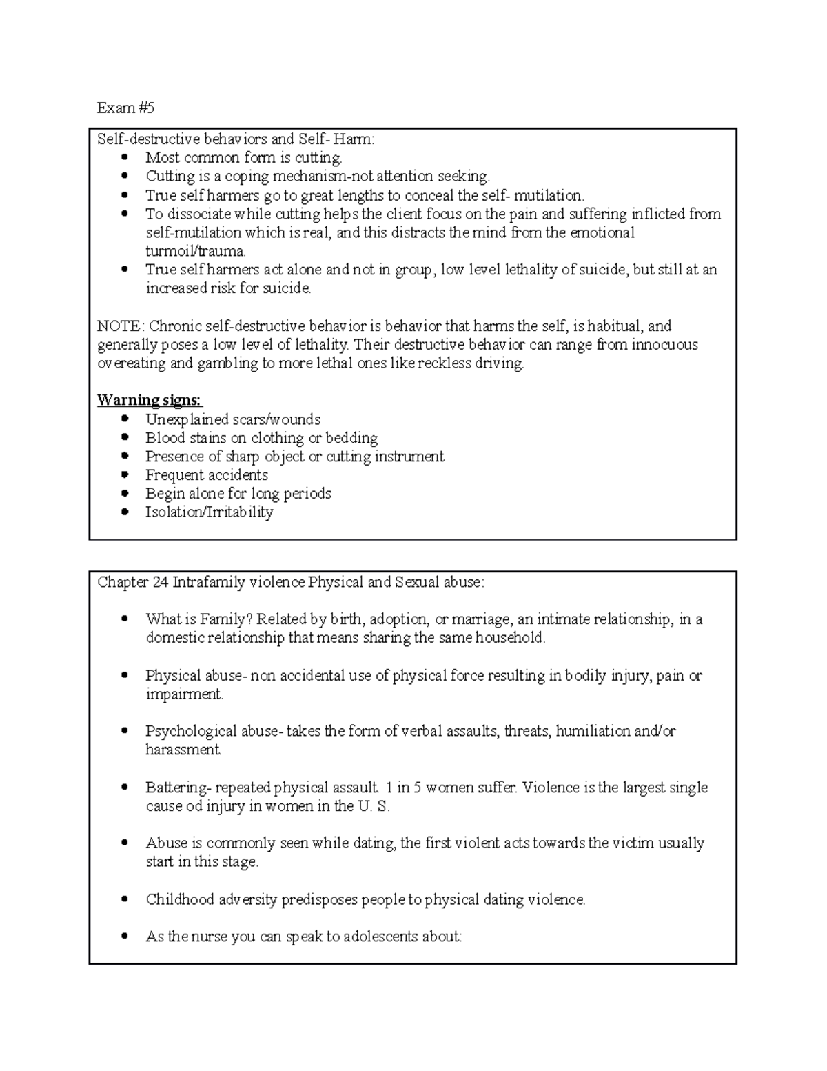 Exam 5 mental health - study notes - Exam # Self-destructive behaviors ...