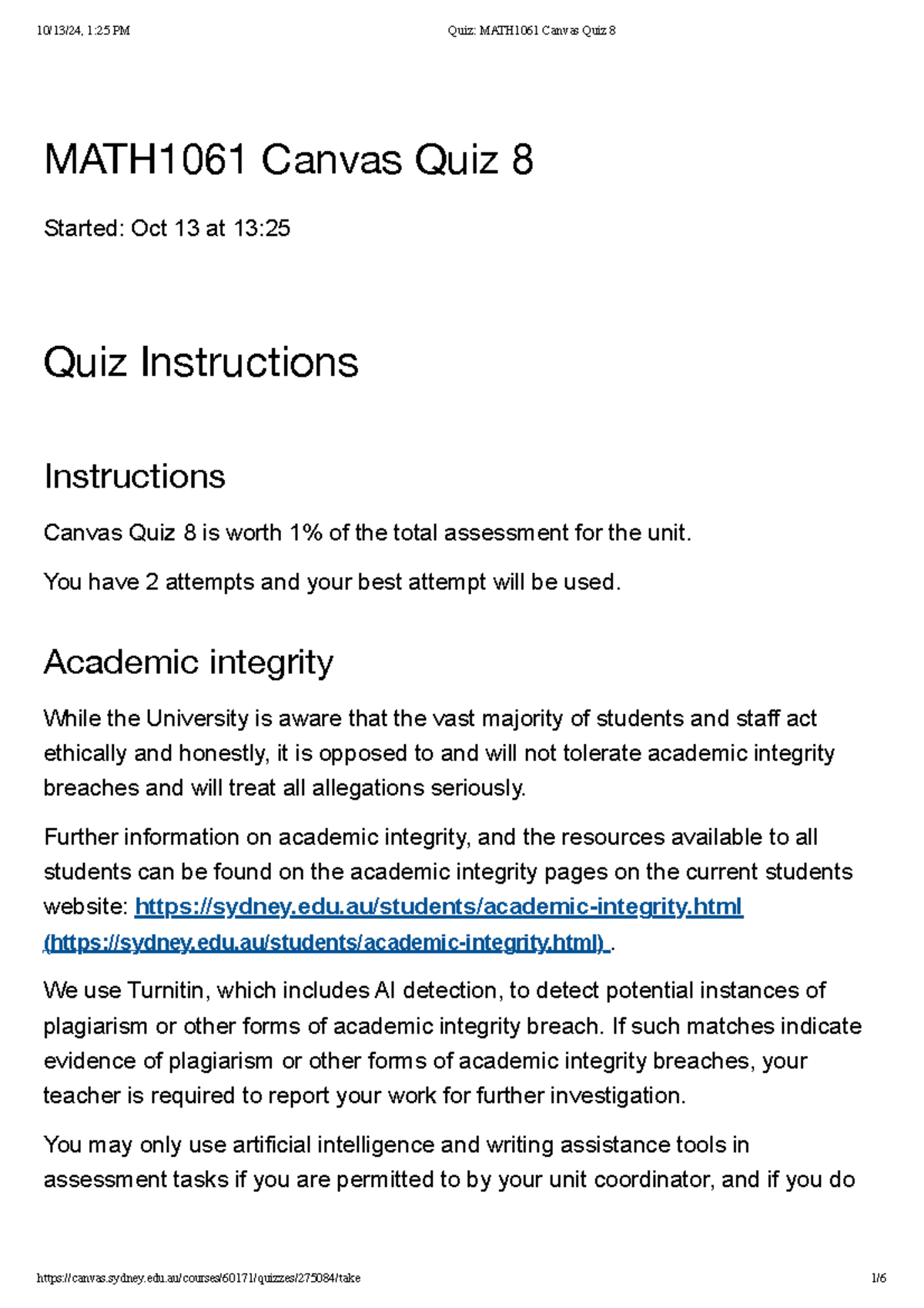 Quiz MATH1061 Canvas Quiz 8 MATH1061 Canvas Quiz 8 Started Oct 13 at