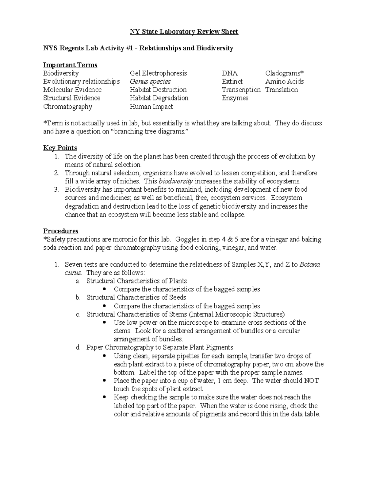 Lab Review Sheet biodiversity NY State Laboratory Review Sheet NYS