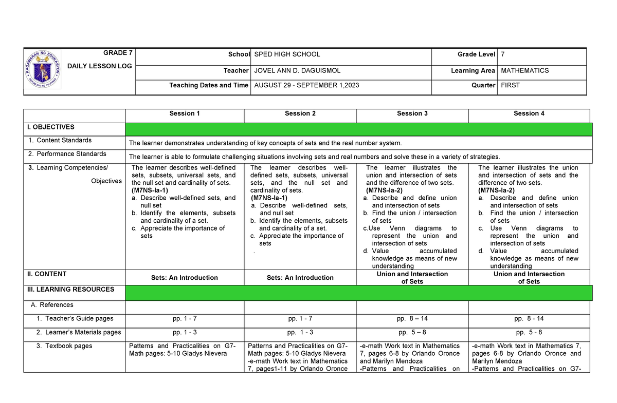 WEEK 1 - DLL Math 7 Quarter I Week 1 - GRADE 7 DAILY LESSON LOG School ...