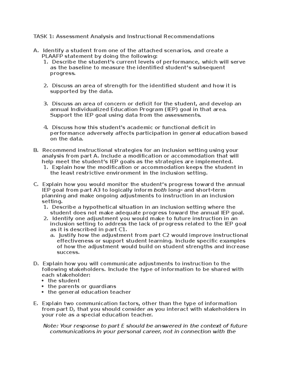 D230 T1 - Outline for T1 - TASK 1: Assessment Analysis and ...