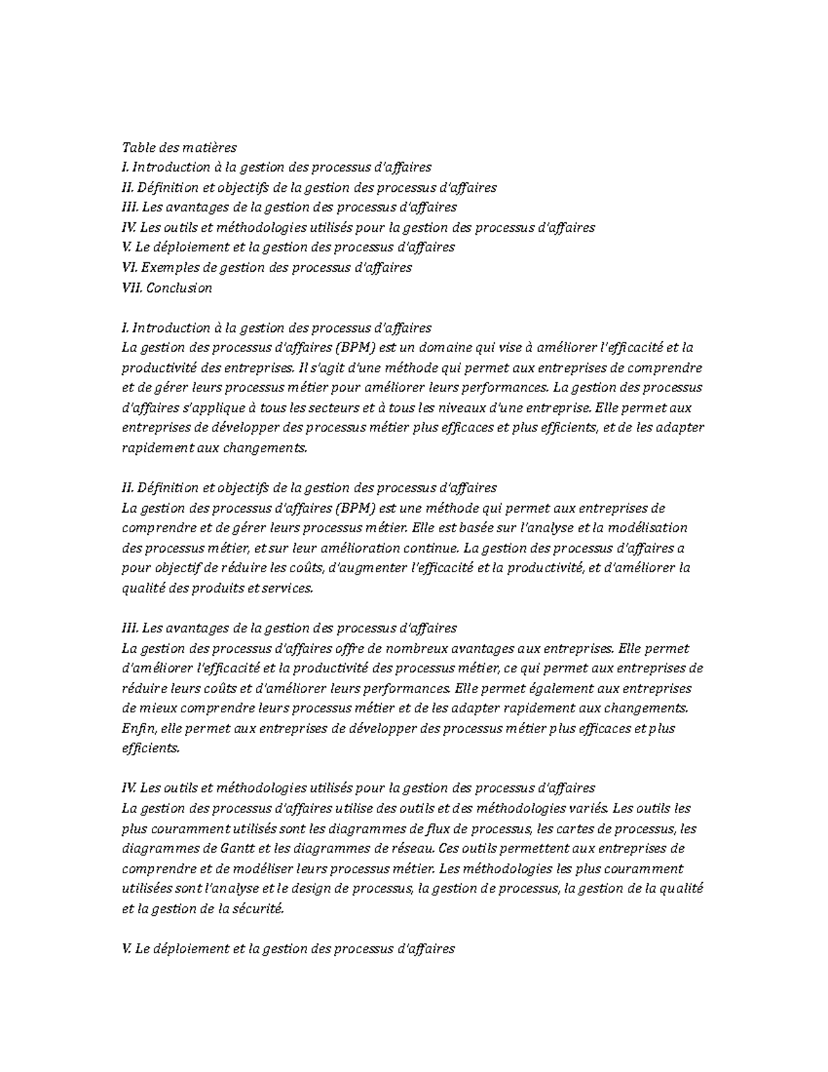 Business Process Management note study - Table des matières I ...
