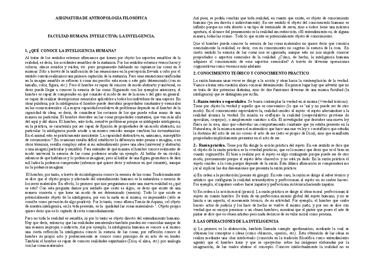 Facultad Intelectiva la inteligencia - ASIGNATURA DE ANTROPOLOGÍA ...