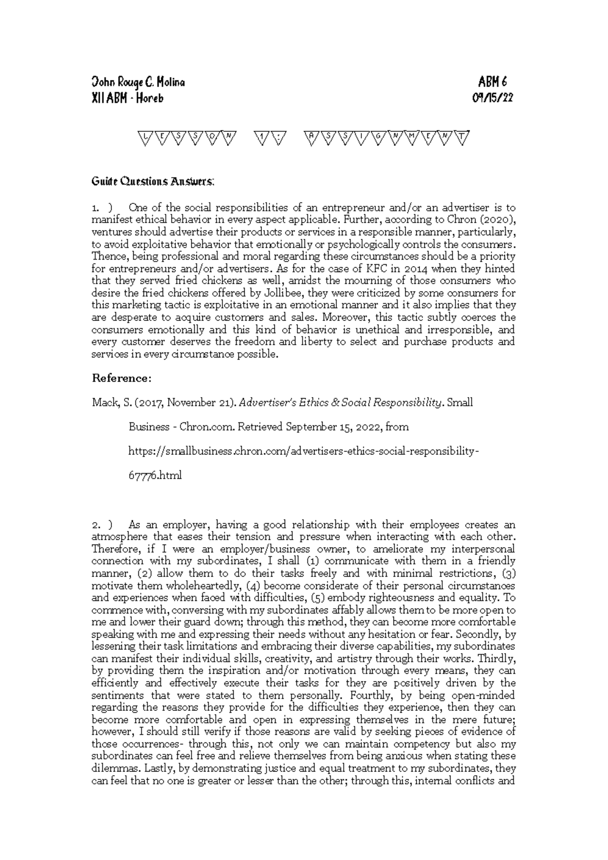 Molina ABM 6 PT3 - FABM 2 - John Rouge C. Molina ABM 6 XII ABM - Horeb ...