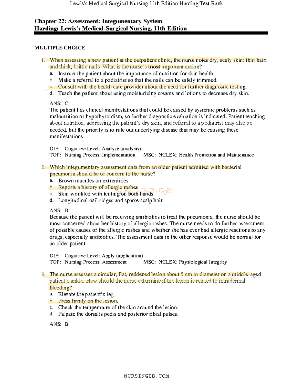 22 - None - NURSINGTB Chapter 22: Assessment: Integumentary System ...