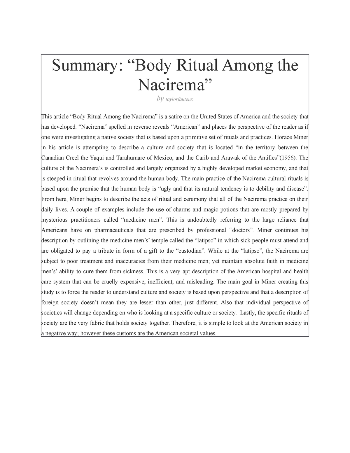 body ritual among the nacirema essay