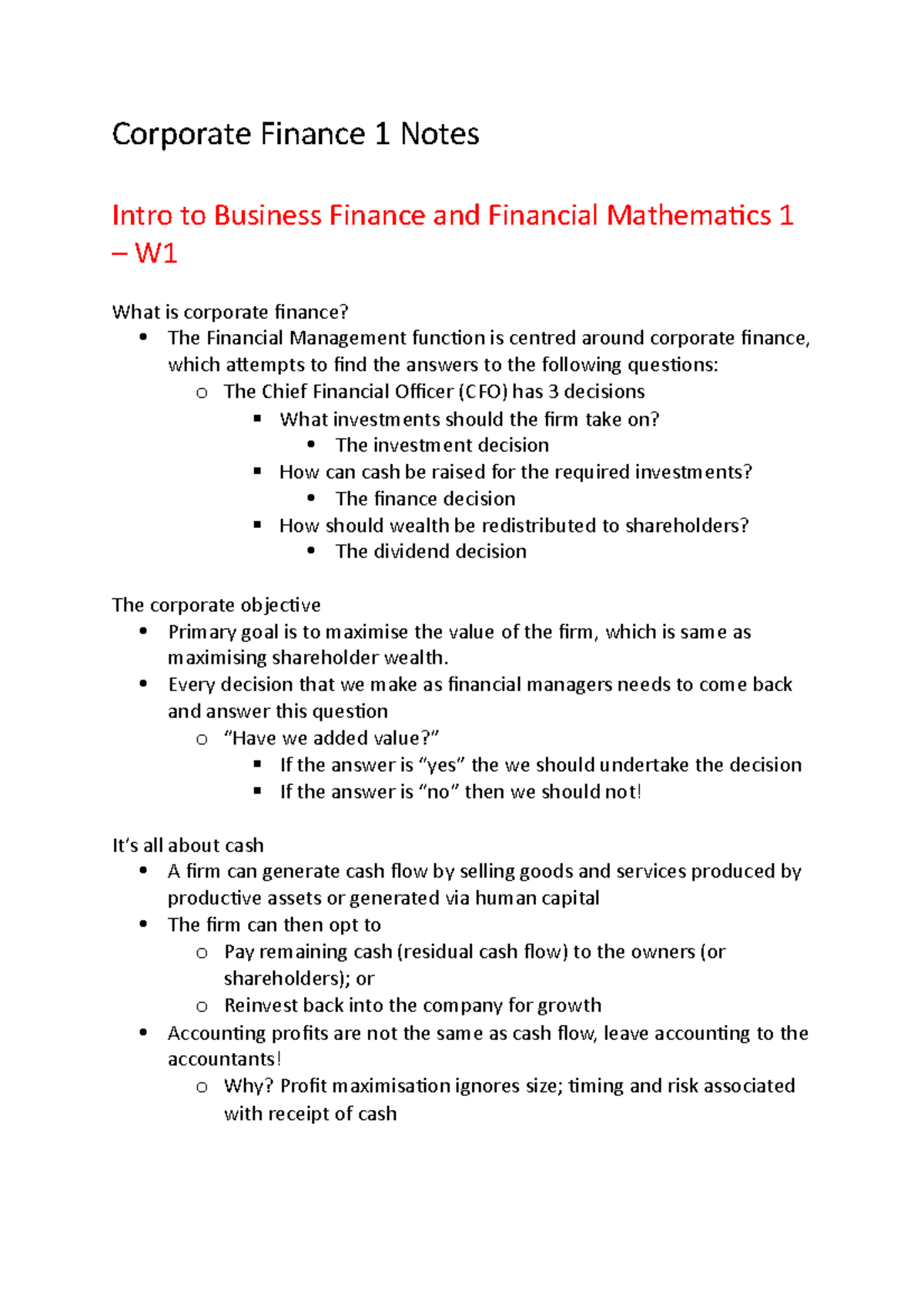 Corporate Finance 1 Notes - Corporate Finance 1 Notes Intro to Business ...