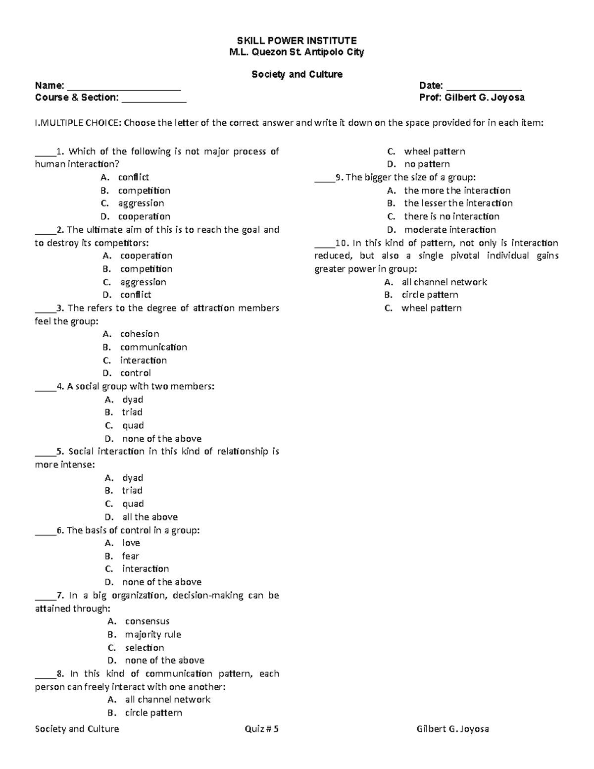 SC-QUIZ-5 - sample behavioral terms in Filipino and English 4 - SKILL ...