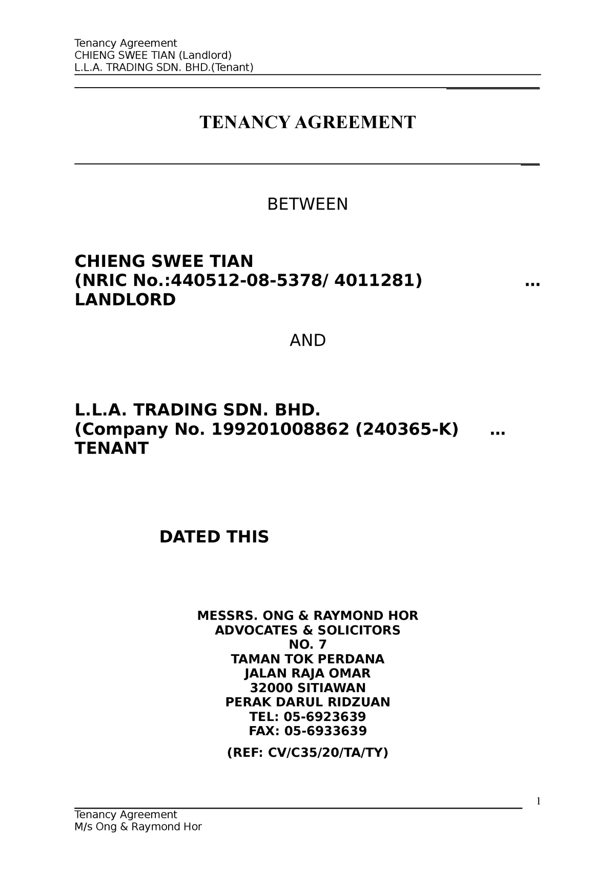 Ta Chieng Swee Tian Landlord Trading Sdn Bhd Tenant Tenancy Agreement Between Studocu