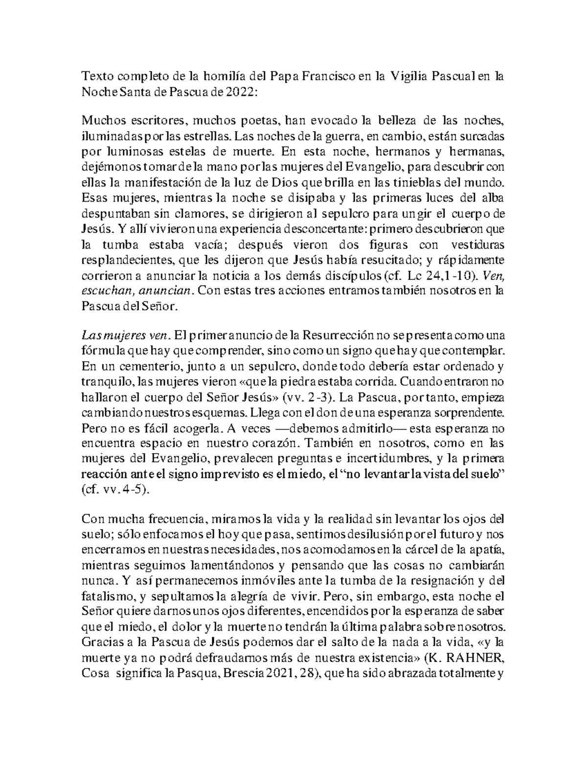 Texto completo de la homilía del Papa Francisco en la Vigilia Pascual ...