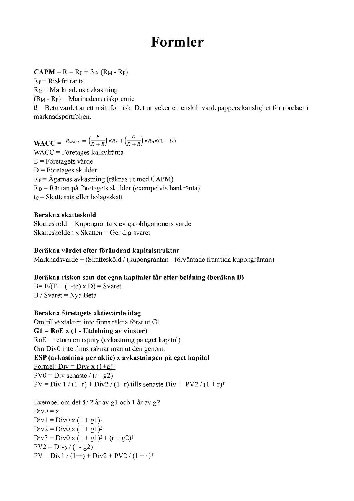 Inför Tentan Investering Och Finansiering - Formler CAPM = R = RF + ß X ...