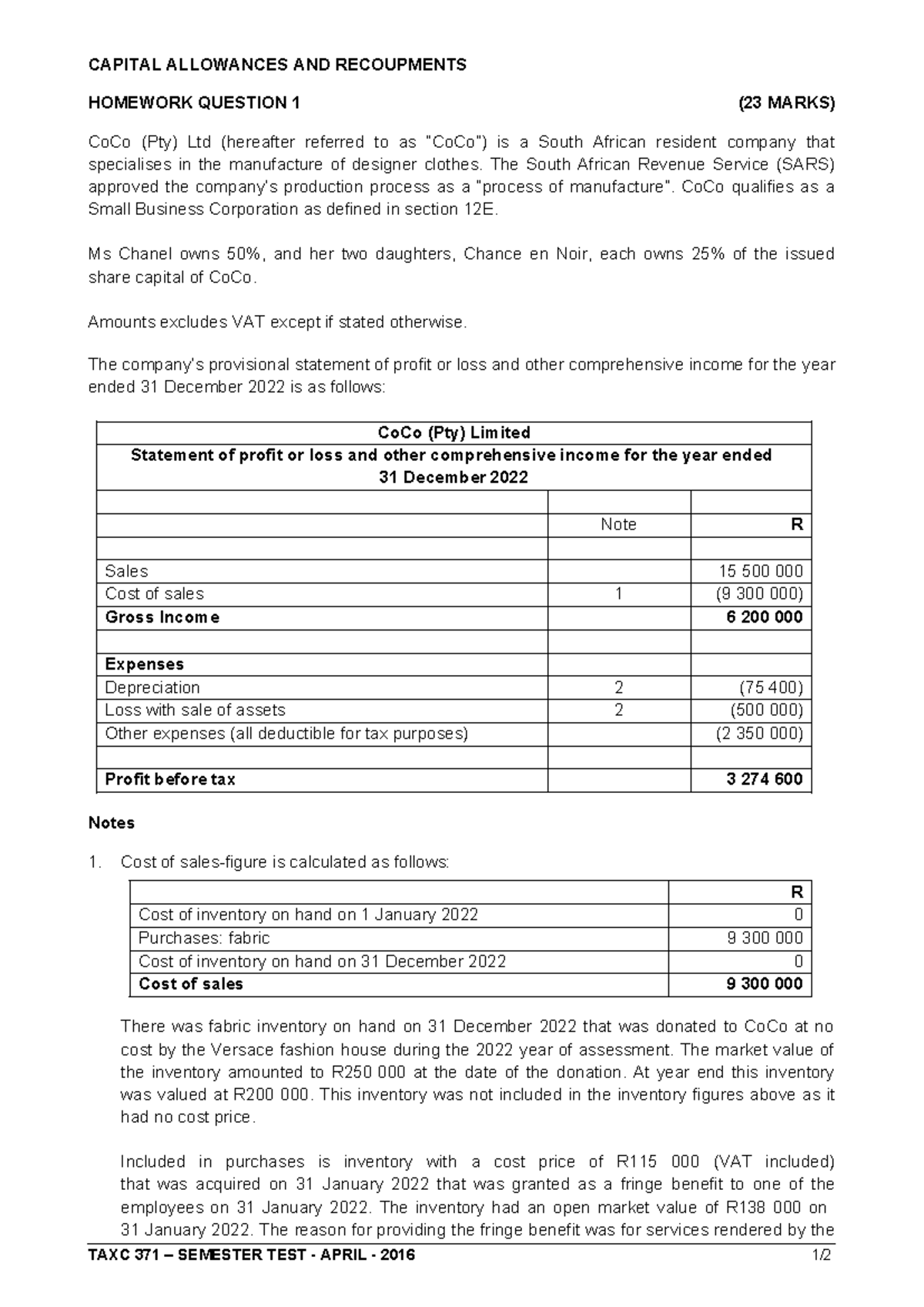 Homework Question 1 Capital Allowance CAPITAL ALLOWANCES AND
