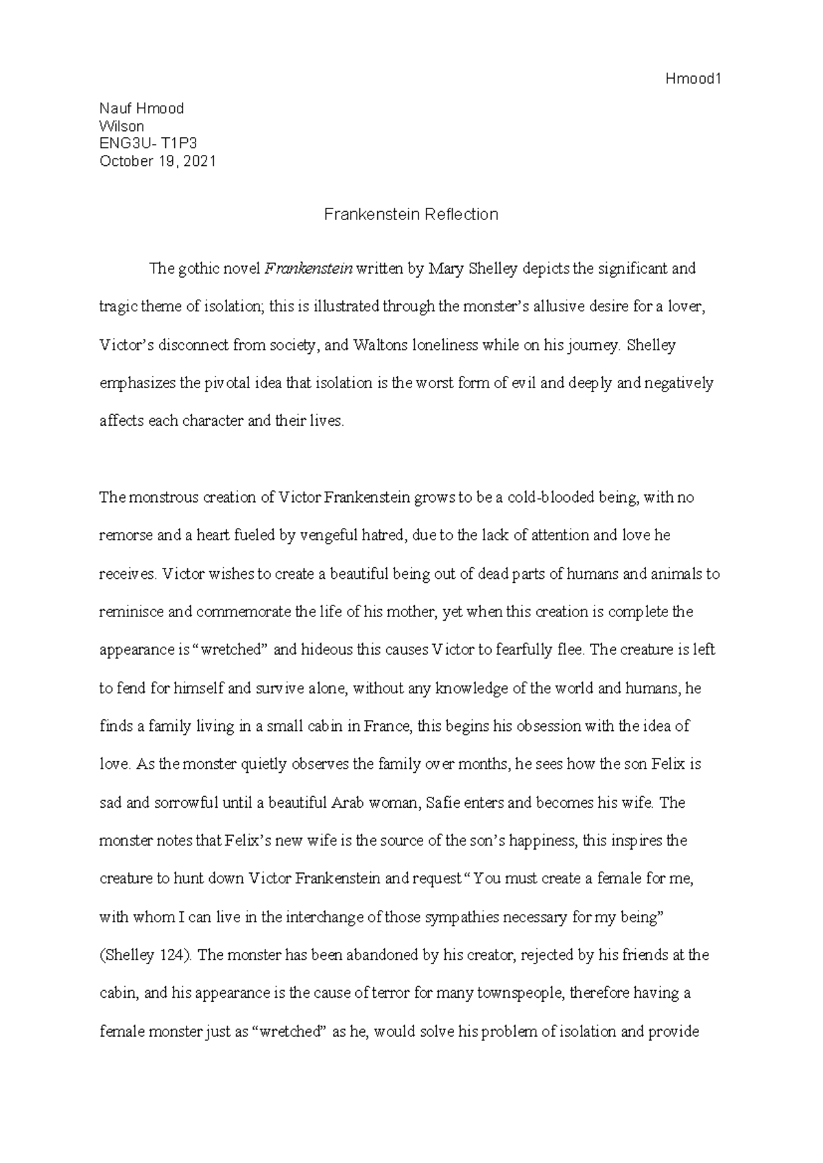 Frankenstein Reflection U3 gr11 Hmood Nauf Hmood Wilson ENG3U