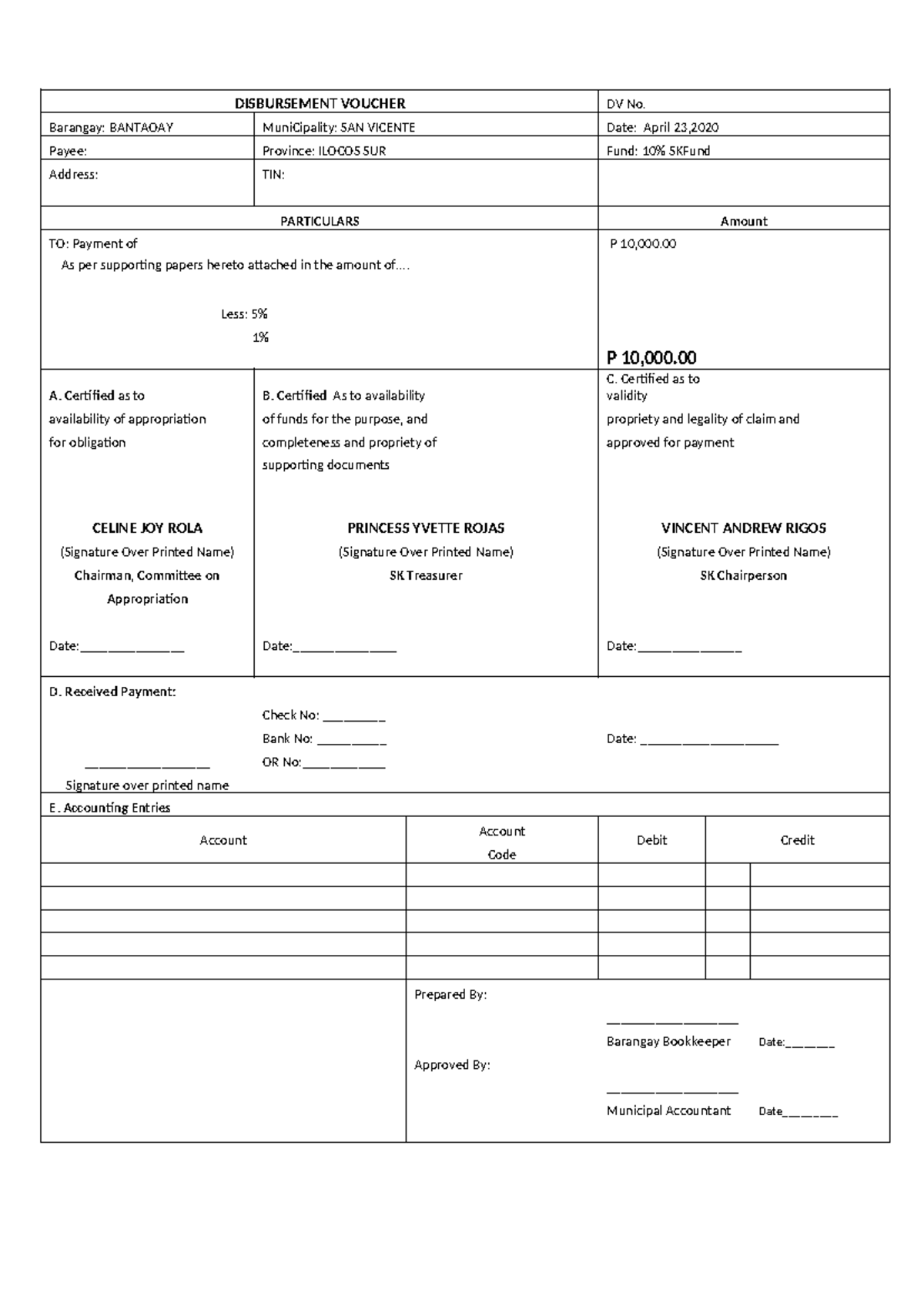 Disbursement- Voucher-2021 - DISBURSEMENT VOUCHER DV No. Barangay ...