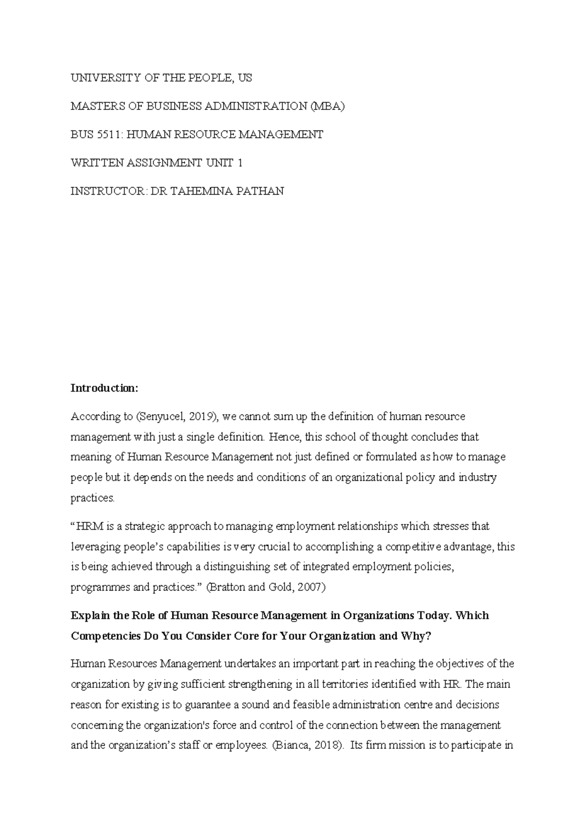 BUS 5511 UNIT 1 WA: WRITTEN ASSIGNMENT UNIT 1 - UNIVERSITY OF THE ...