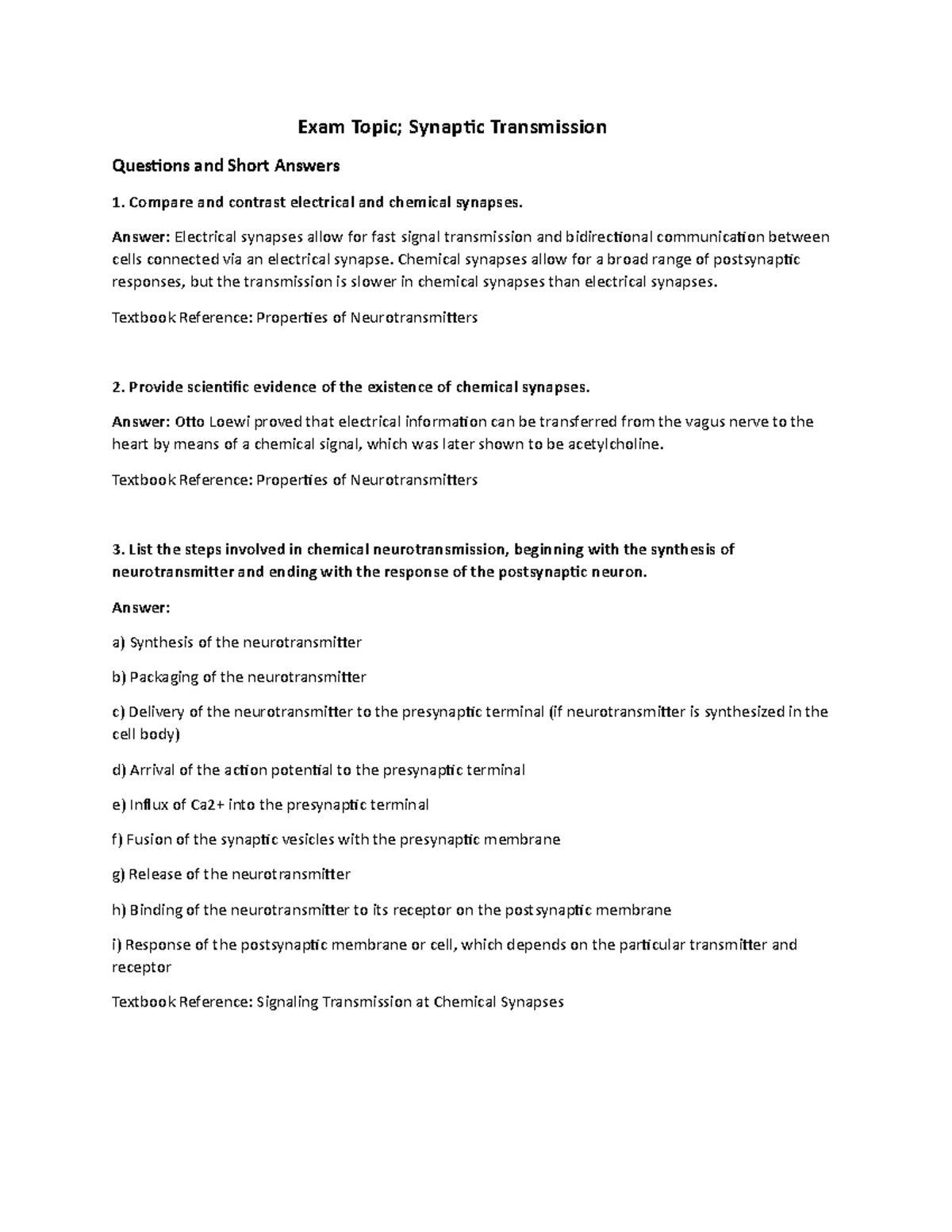 Exam Topic; Synaptic Transmission - Short Answers - Exam Topic ...