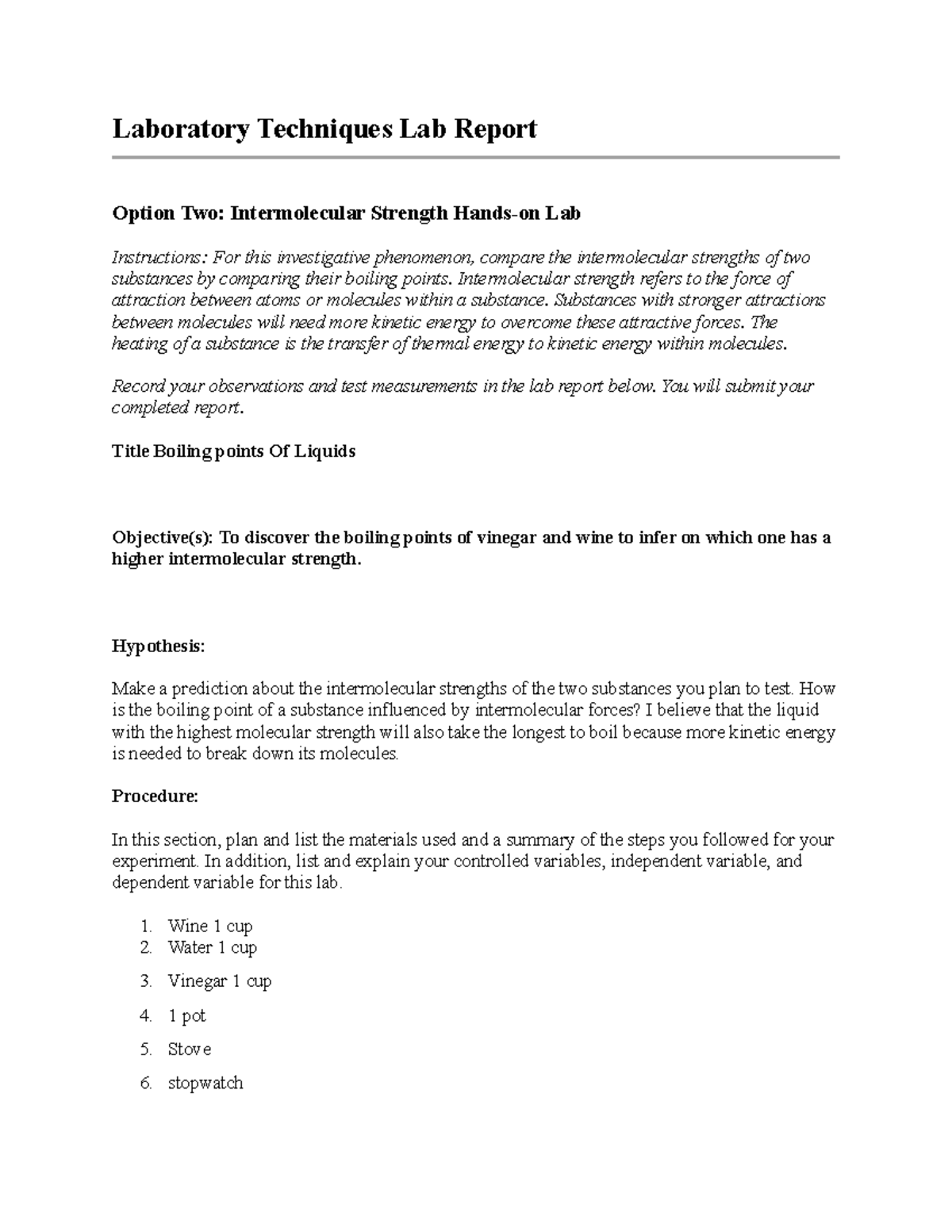 Laboratory techniques option two report - Laboratory Techniques Lab ...