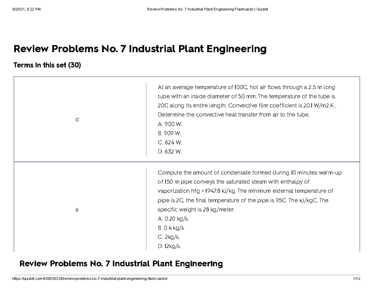 Review Problems No. 7 Industrial Plant Engineering Flashcards Quizlet