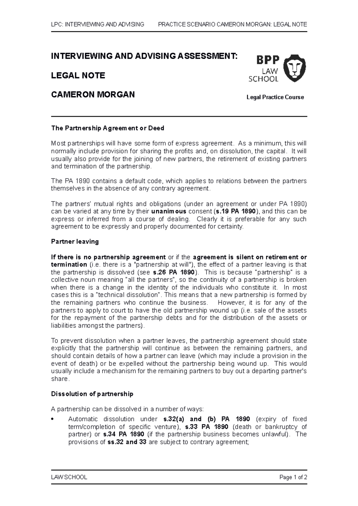 Cameron Morgan Legal Note - LPC: INTERVIEWING AND ADVISING PRACTICE ...