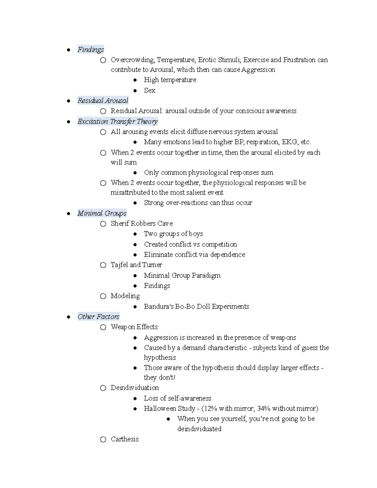 Aggression - Lecture Notes - Findings Overcrowding, Temperature, Erotic ...