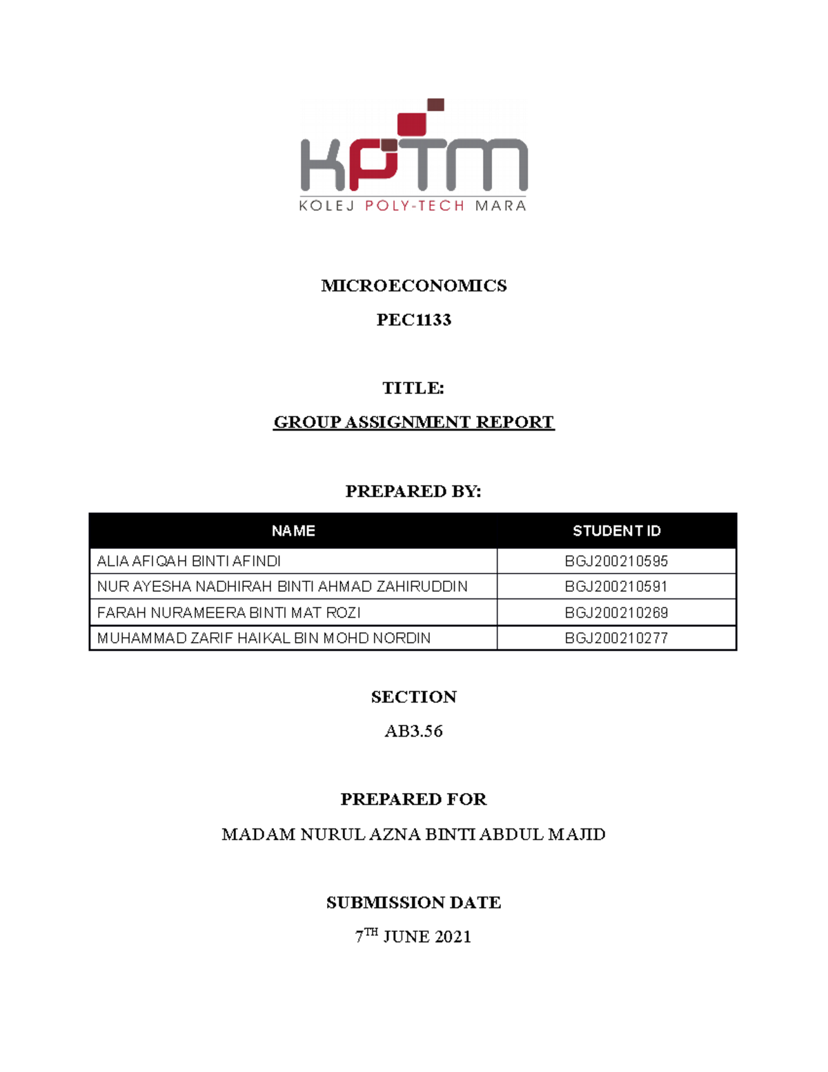 PEC1133 Group Assignment - MICROECONOMICS PEC TITLE: GROUP 