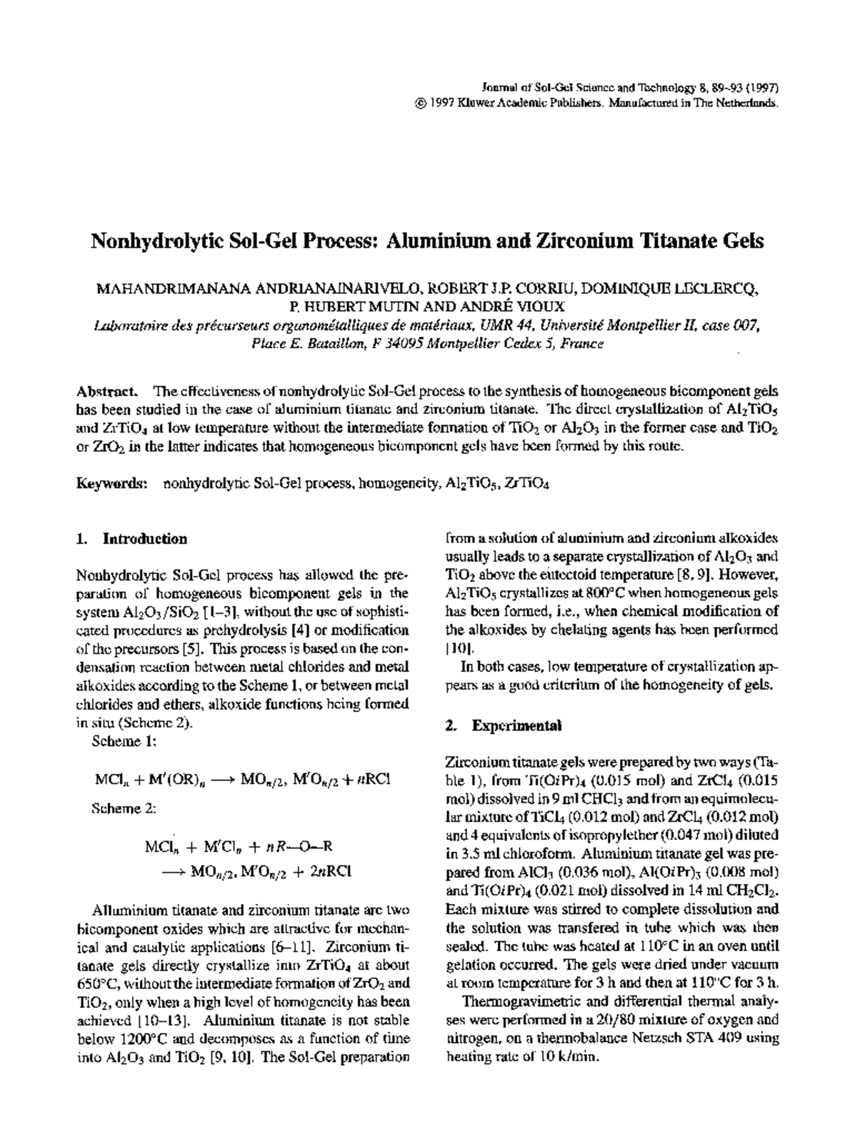 Nonhydrolytic SolGel Process Aluminium and Zirconium Titanate Gels